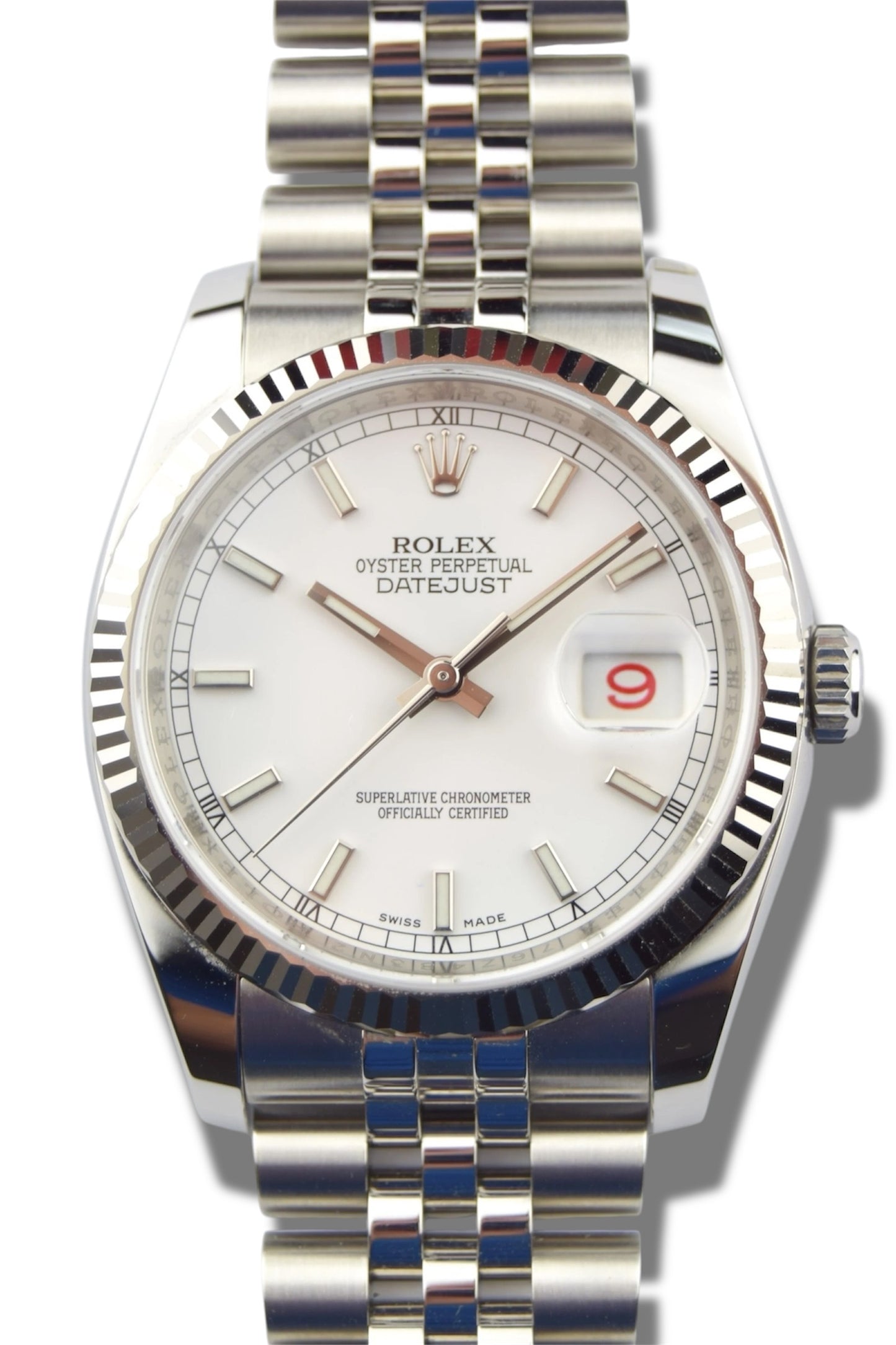 Rolex Datejust 36 116234 White Stick Dial Roulette Date Jubilee Bracelet