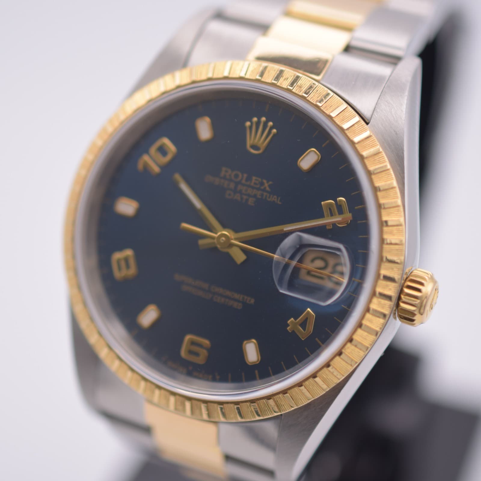 Rolex Date 15233 Blue Arabic Dial Two Tone Steel Gold 34mm Watch 2002