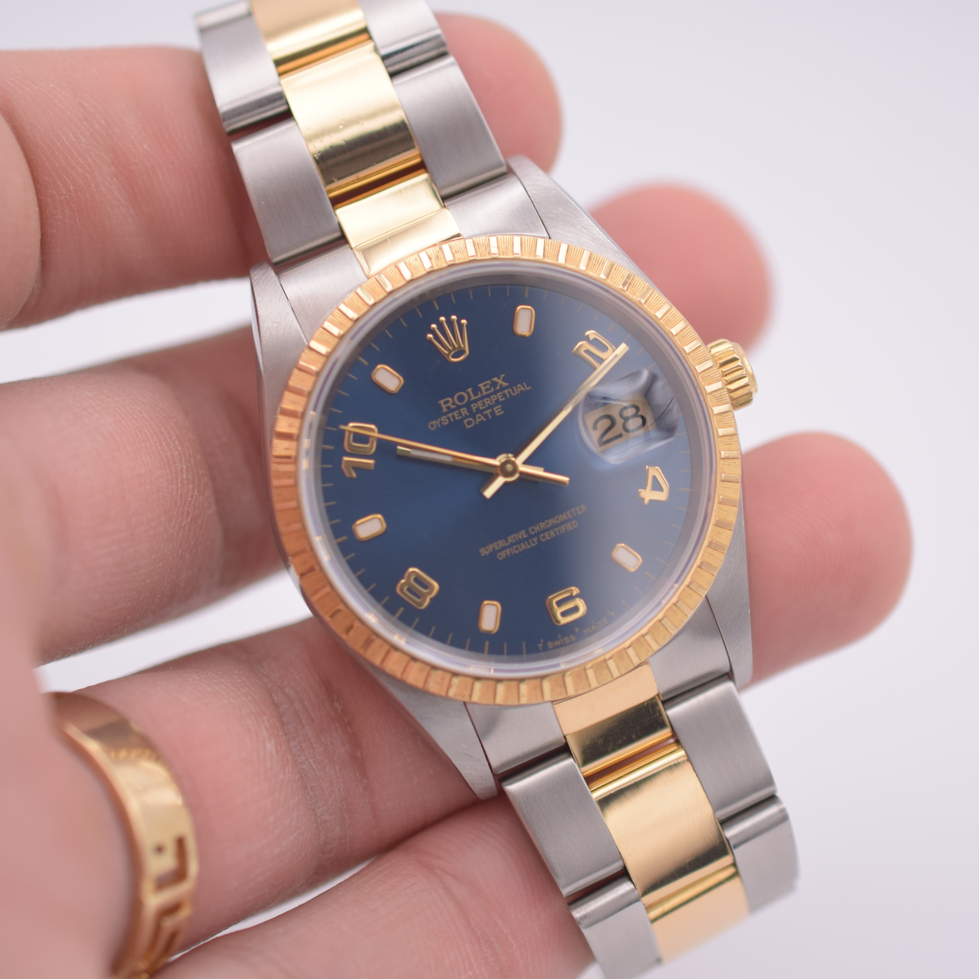 Rolex Date 15233 Blue Arabic Dial Two Tone Steel Gold 34mm Watch 2002 photo 4