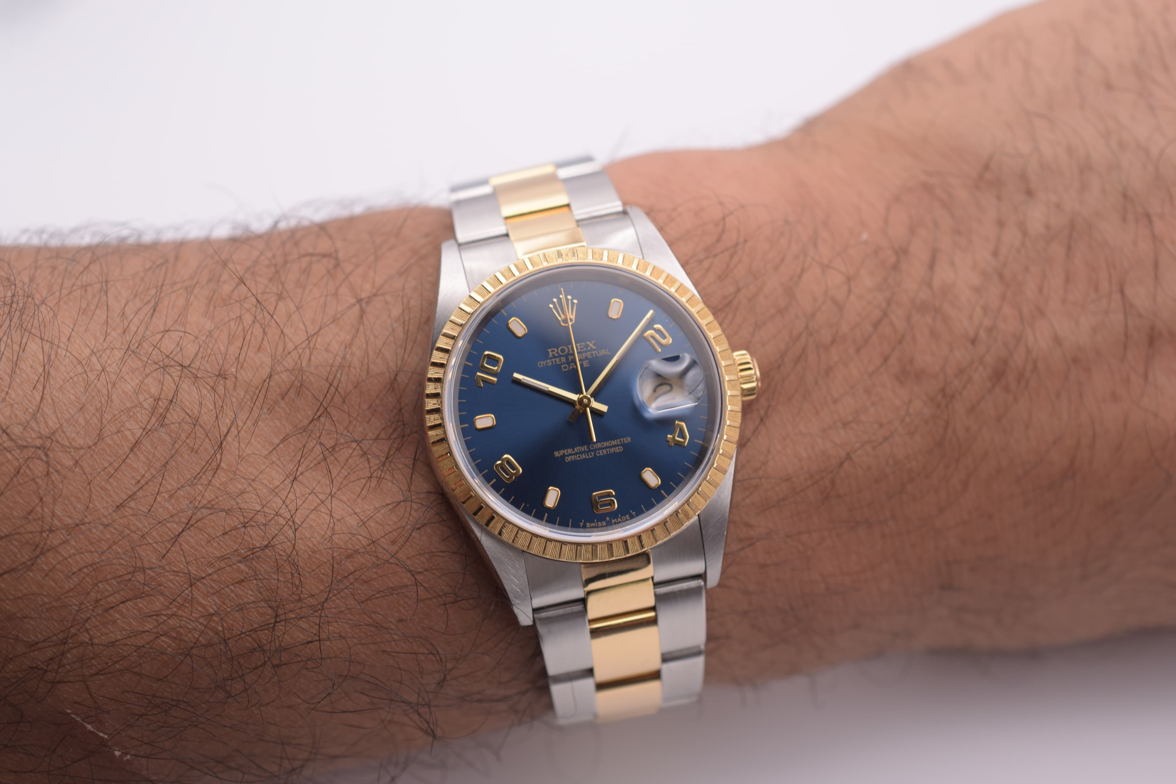 Rolex Date 15233 Blue Arabic Dial Two Tone Steel Gold 34mm Watch 2002 photo 13
