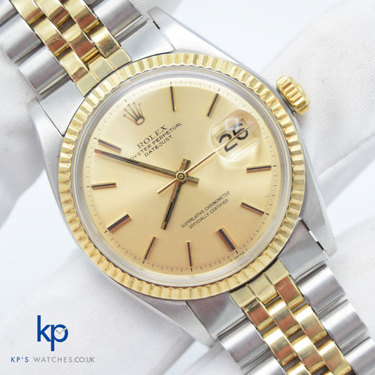 Vintage Rolex Datejust 36 mm Two Tone Gold and Steel Champagne Dial Jubilee