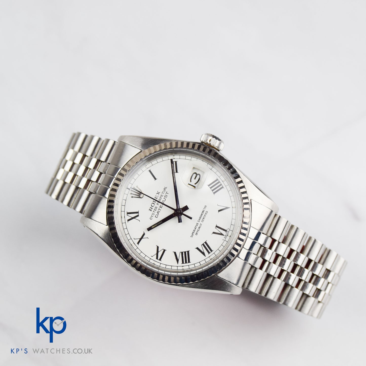 Rolex 16014 Datejust 36 Fluted Bezel Roman Numerals Buckley White Dial Automatic