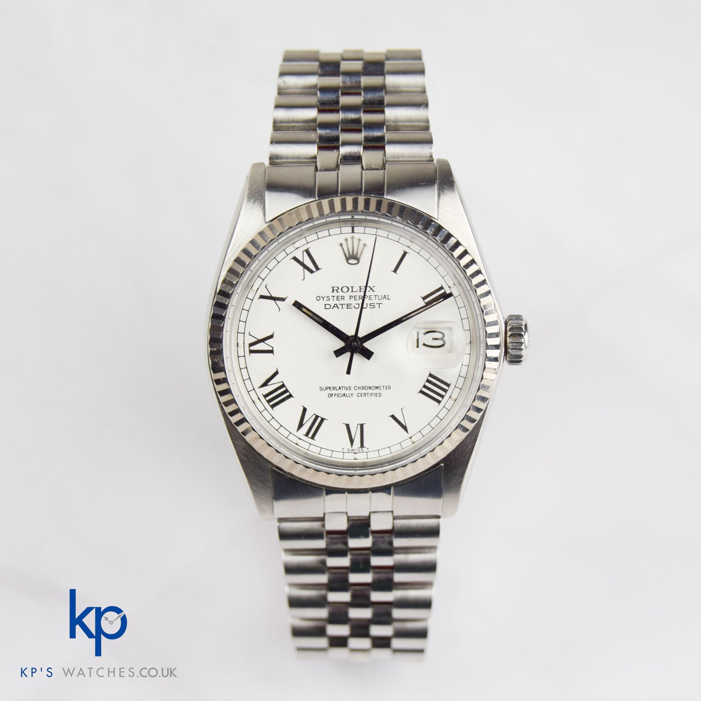 Rolex 16014 Datejust 36 Fluted Bezel Roman Numerals Buckley White Dial Automatic