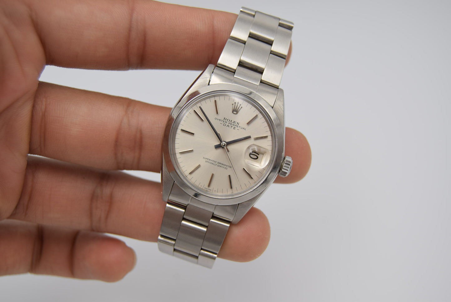 Rolex Oyster Perpetual Date 34 mm Silver Dial Automatic Vintage Mens Watch