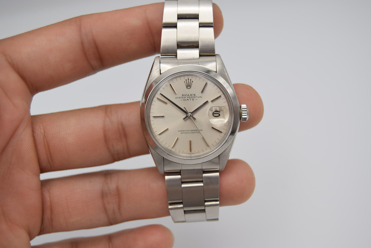 Rolex Oyster Perpetual Date 34 mm Silver Dial Automatic Vintage Mens Watch