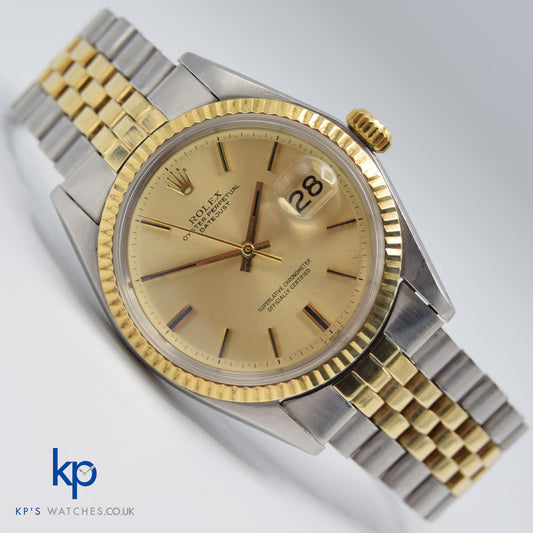 Vintage Rolex Datejust 36 mm Two Tone Gold and Steel Champagne Dial Jubilee