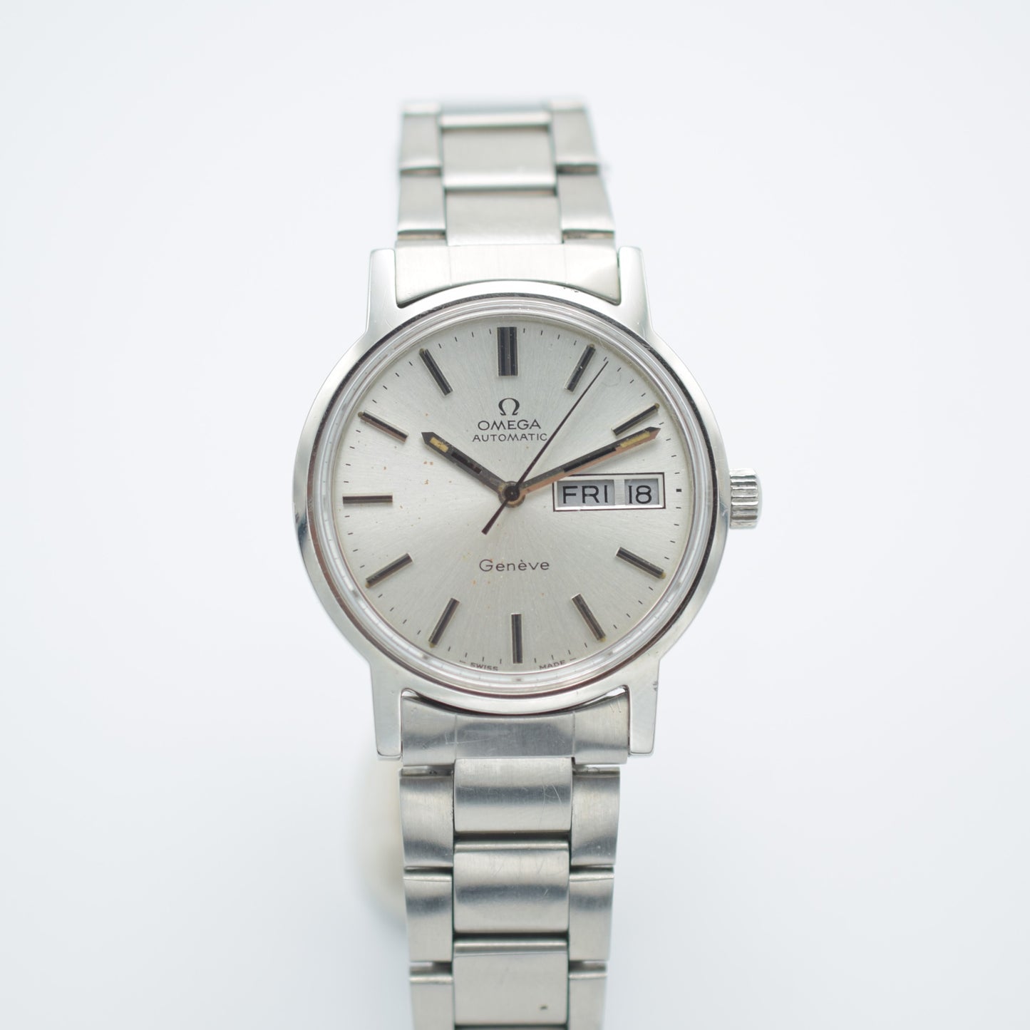 Omega Geneve 35mm SS Silver Dial 166.0117 Day Date Automatic cal 1022
