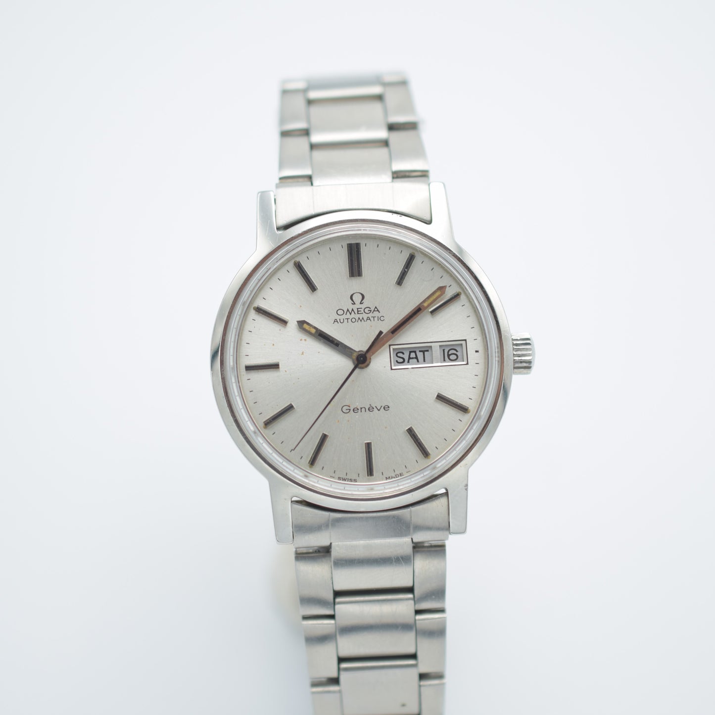 Omega Geneve 35mm SS Silver Dial 166.0117 Day Date Automatic cal 1022