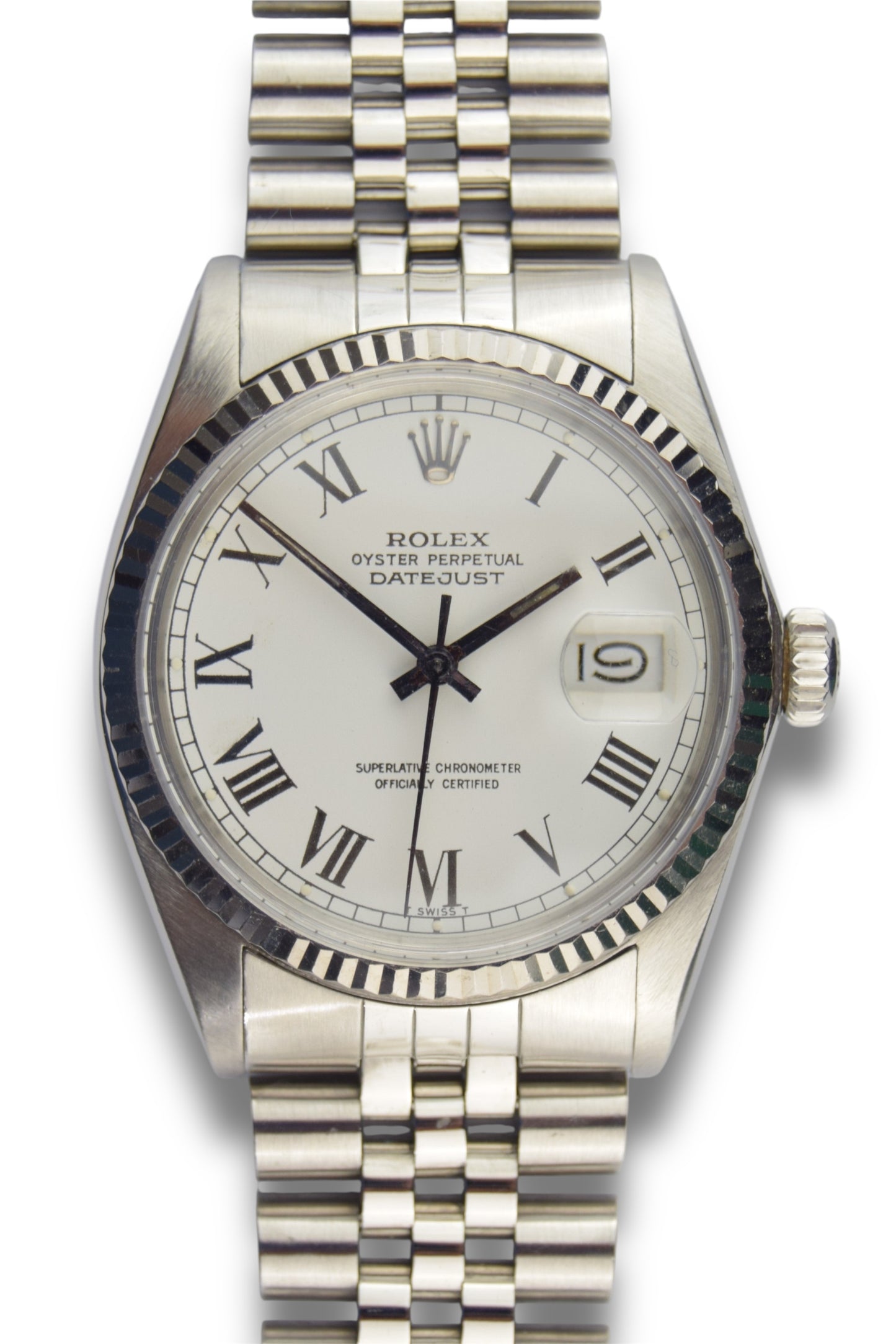 Rolex 16014 Datejust 36 Fluted Bezel Roman Numerals Buckley White Dial Automatic